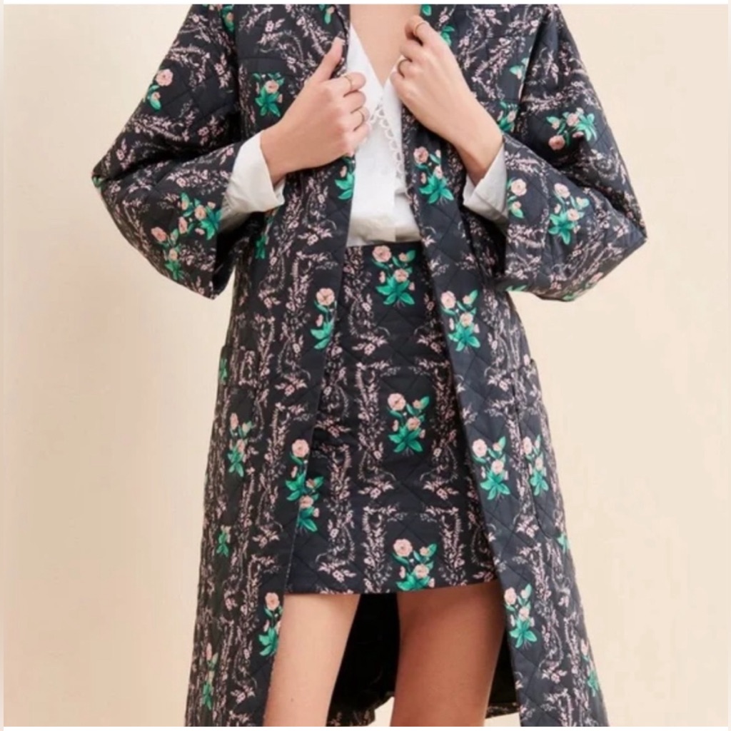 Nwt Free People Black Floral Quilted Coat With Green And Pink Accents